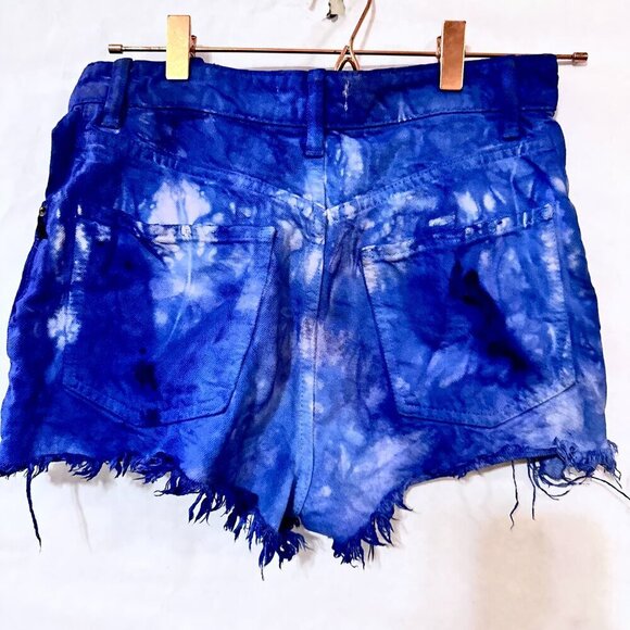 Zara Size 2 Blue Denim Shorts Jeans Tie Dyed Distressed Hot Fringe Tied Dye OOAK - Picture 4 of 8
